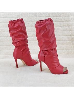 Vic Red Square toe Scrunch Slouch Mid Calf Pull on Boots